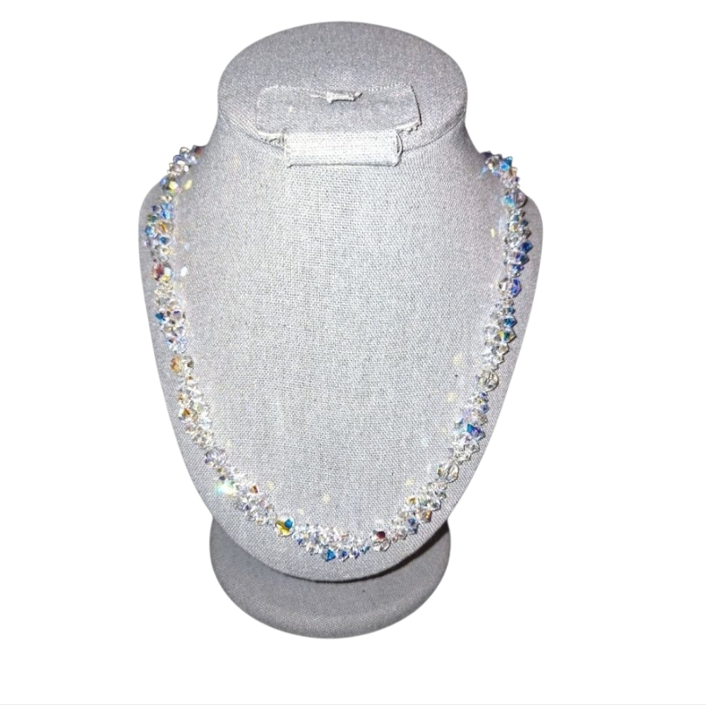 Swarovsky Handmade Clear Crystal Beaded 925 Sterling Silver Clasp Necklace 21"